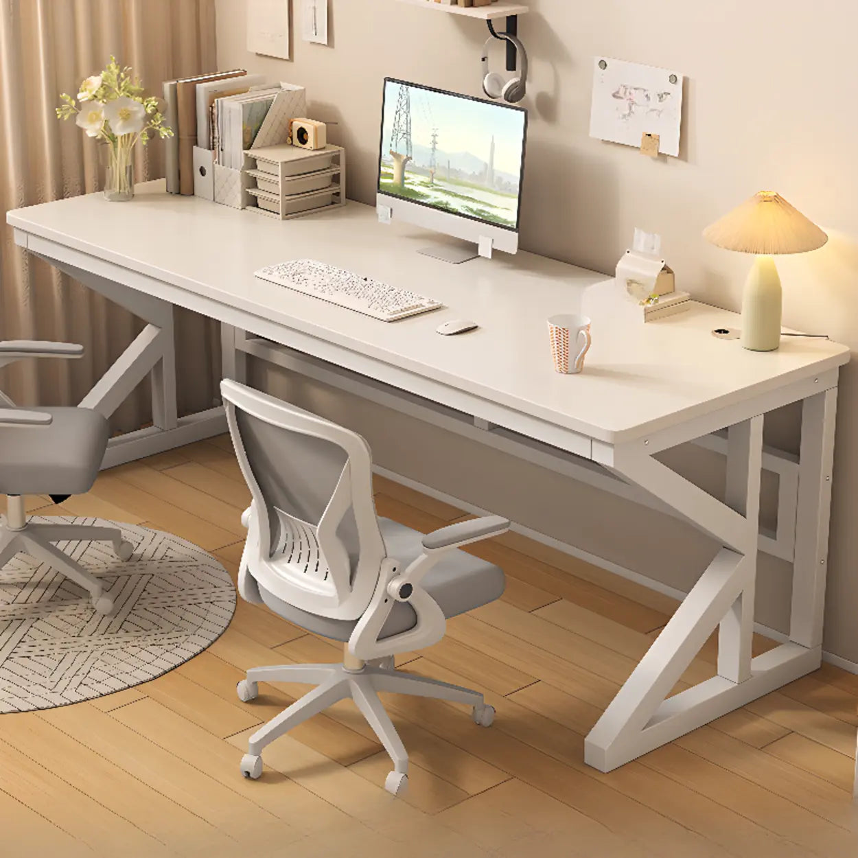 Functional White Wood Rectangle Double Computer Desk
