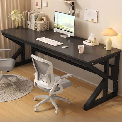 Functional White Wood Rectangle Double Computer Desk — Black-White / Table Only