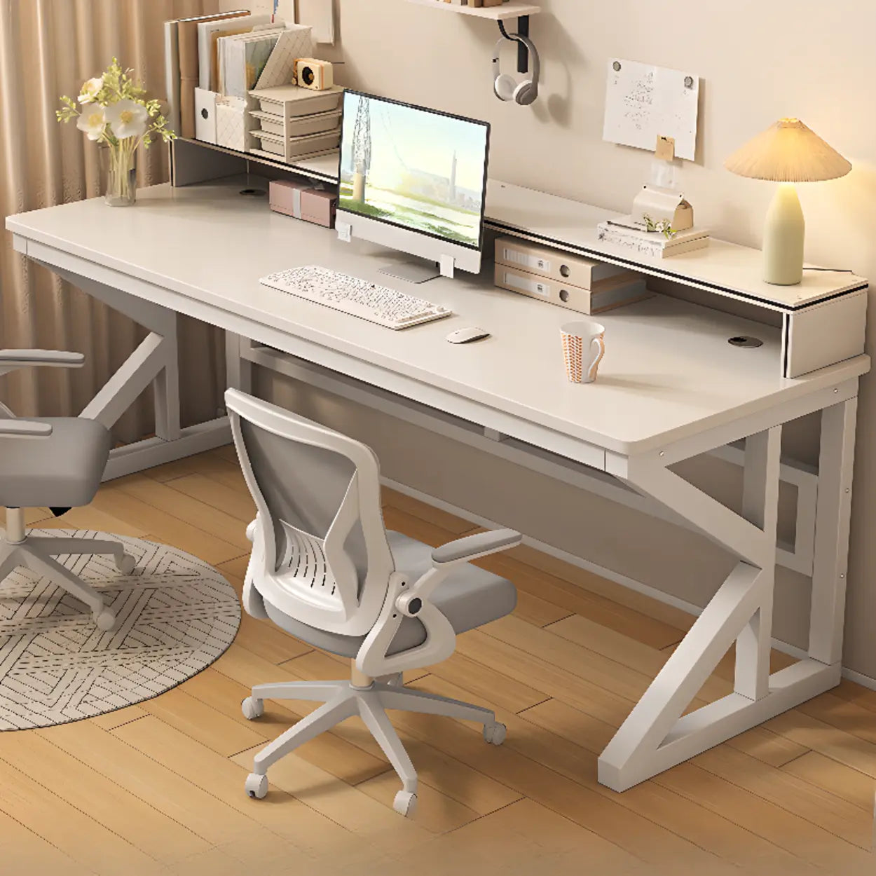 Functional White Wood Rectangle Double Computer Desk — Brown/ White / Table Only