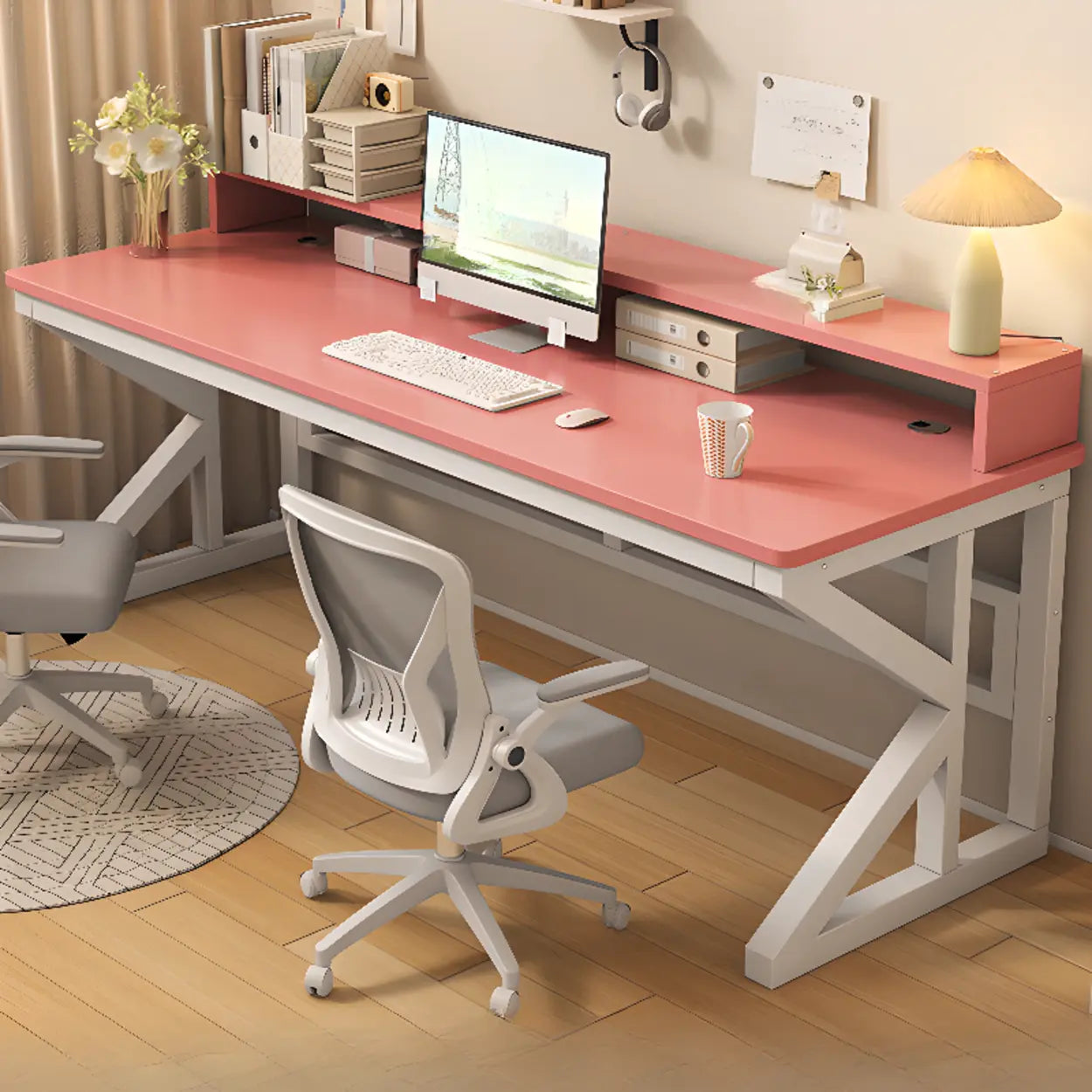 Functional White Wood Rectangle Double Computer Desk — Wood-Black / Table Only