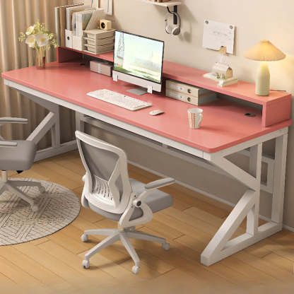 Functional White Wood Rectangle Double Computer Desk — Wood-Black / Table Only