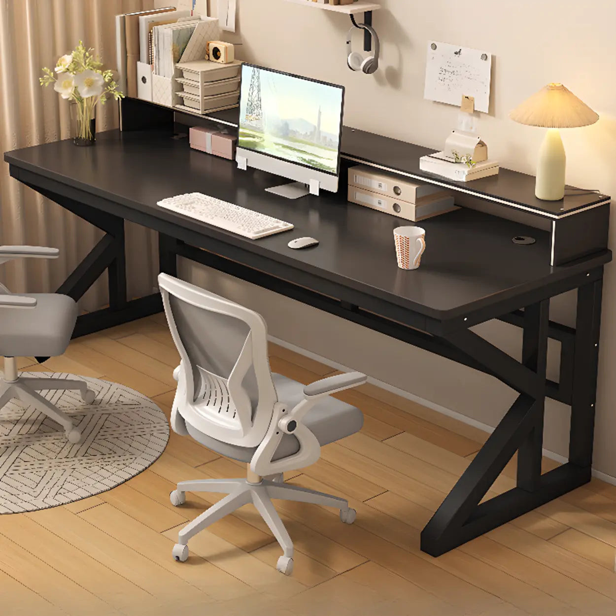 Functional White Wood Rectangle Double Computer Desk — White / Table Only