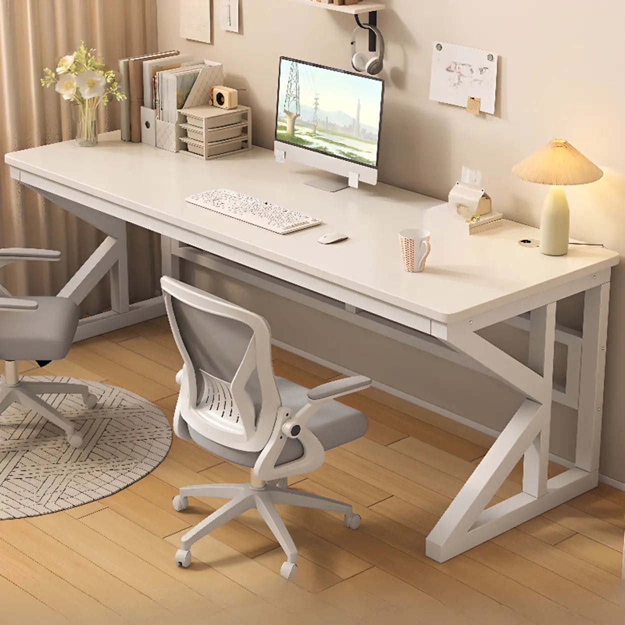 Functional White Wood Rectangle Double Computer Desk — Black / Table Only
