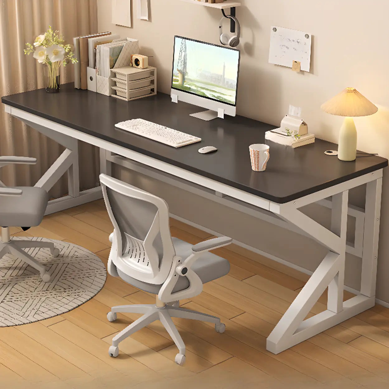 Functional White Wood Rectangle Double Computer Desk — Black-White / Table Only