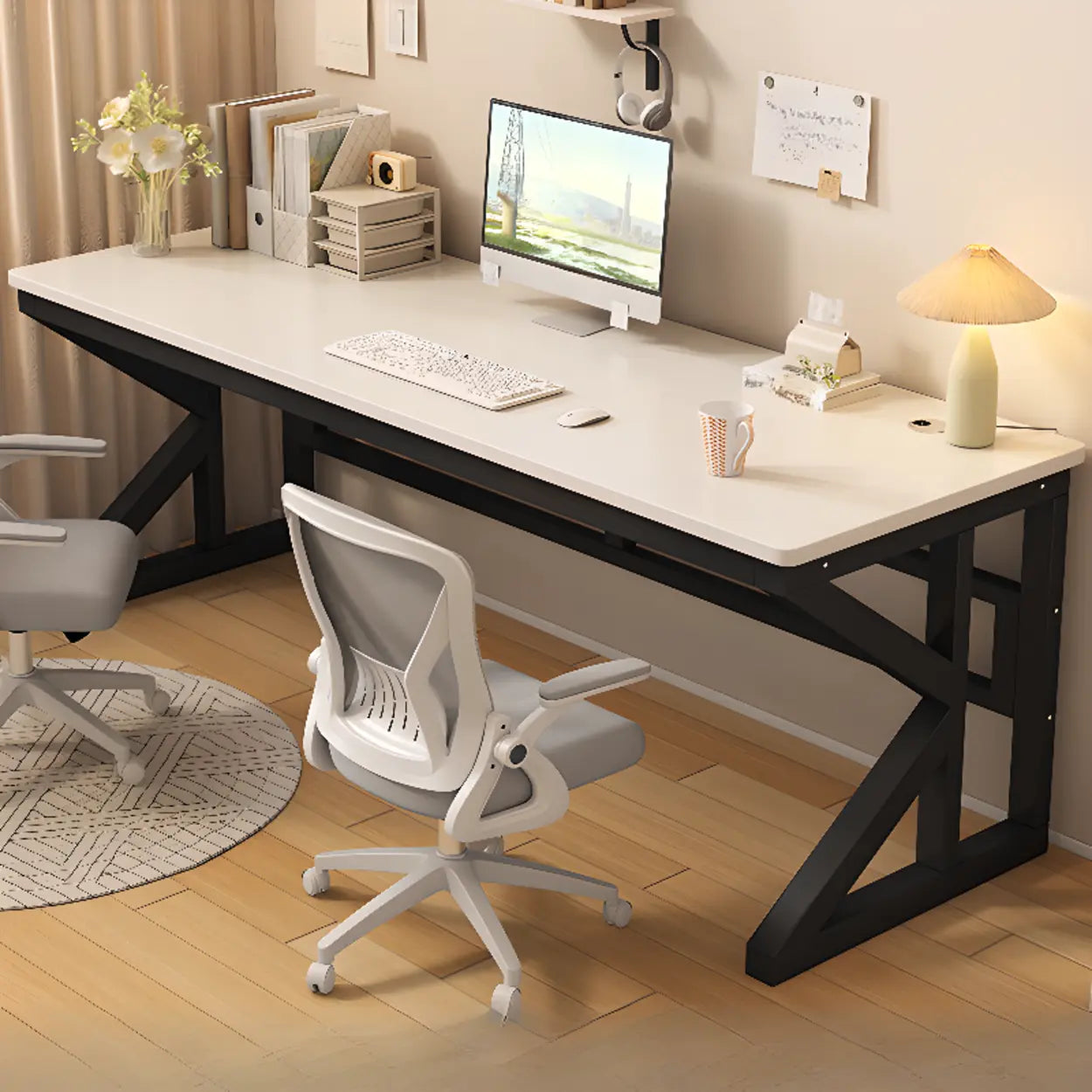 Functional White Wood Rectangle Double Computer Desk — Brown/ White / Table Only
