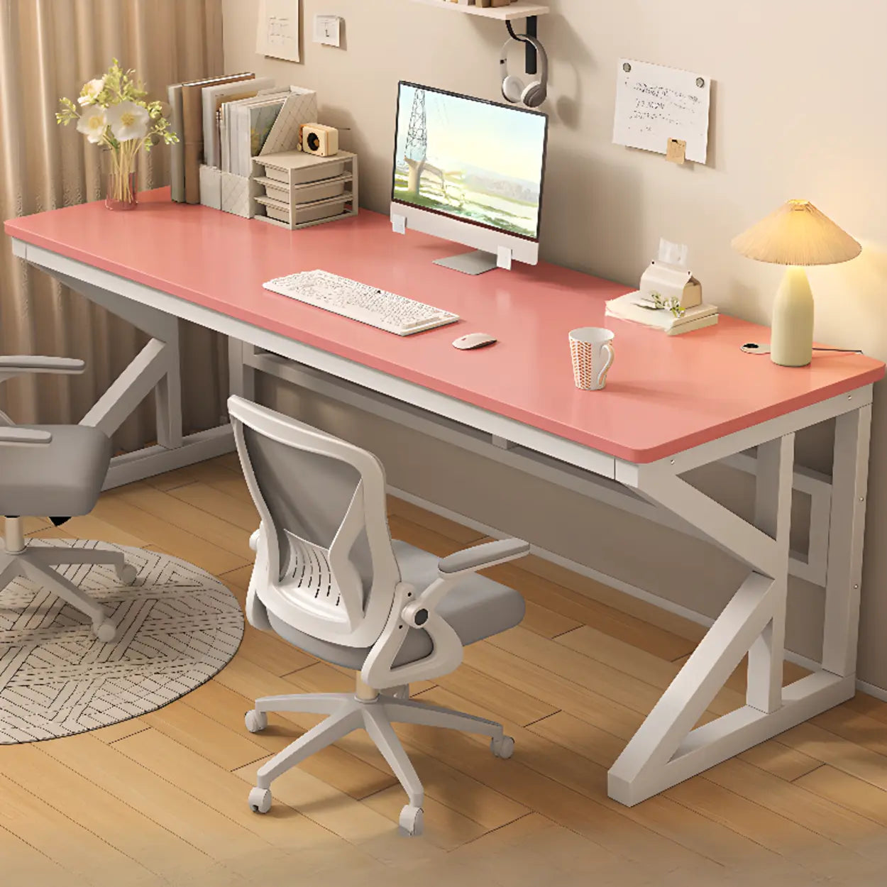 Functional White Wood Rectangle Double Computer Desk — White-Black / Table Only
