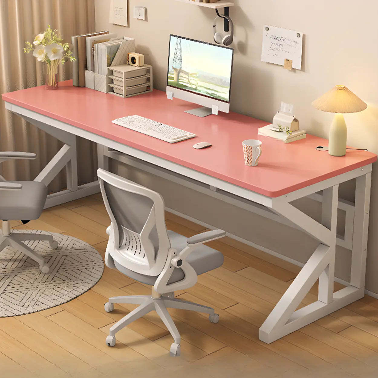 Functional White Wood Rectangle Double Computer Desk — White-Black / Table Only