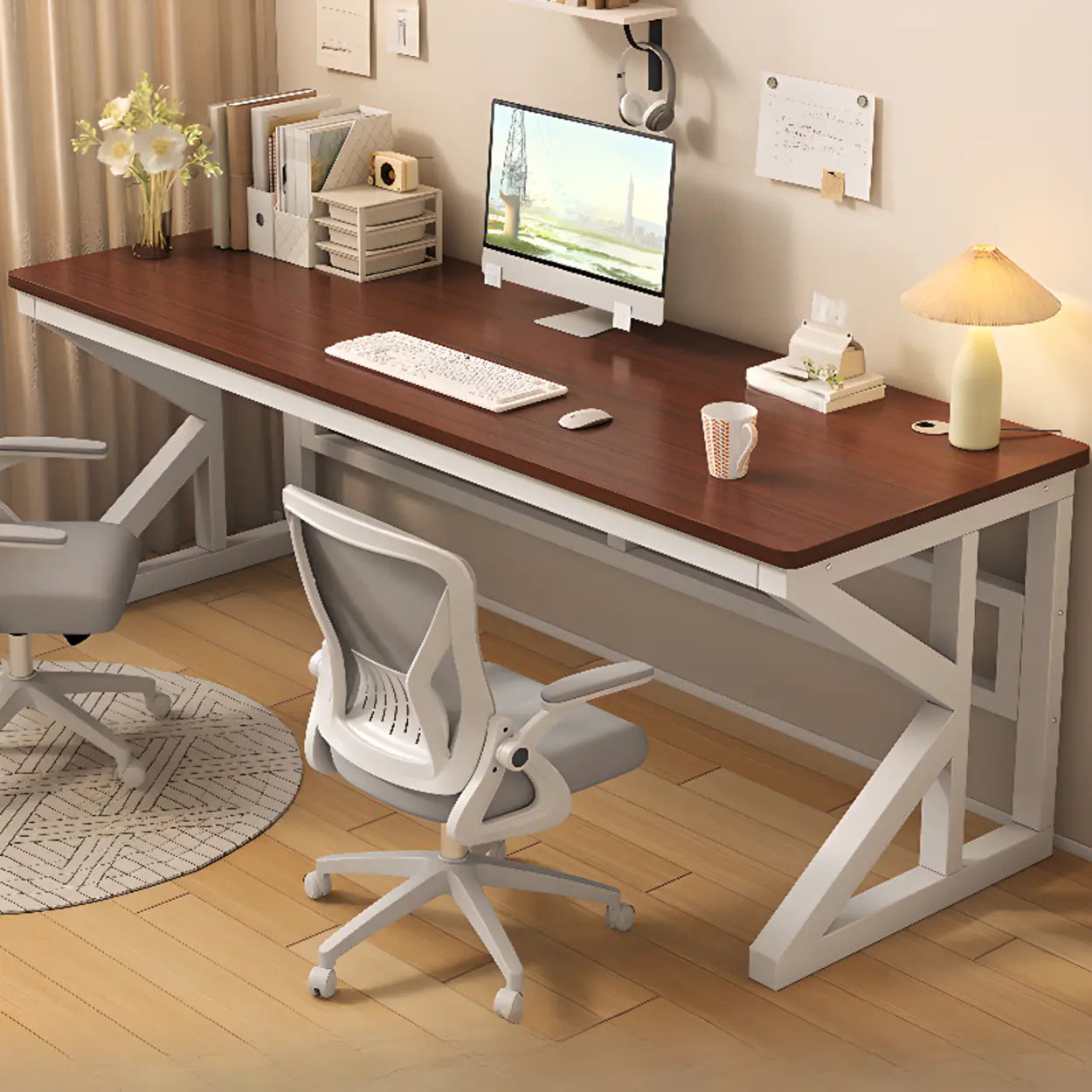 Functional White Wood Rectangle Double Computer Desk — Pink-White / Table Only