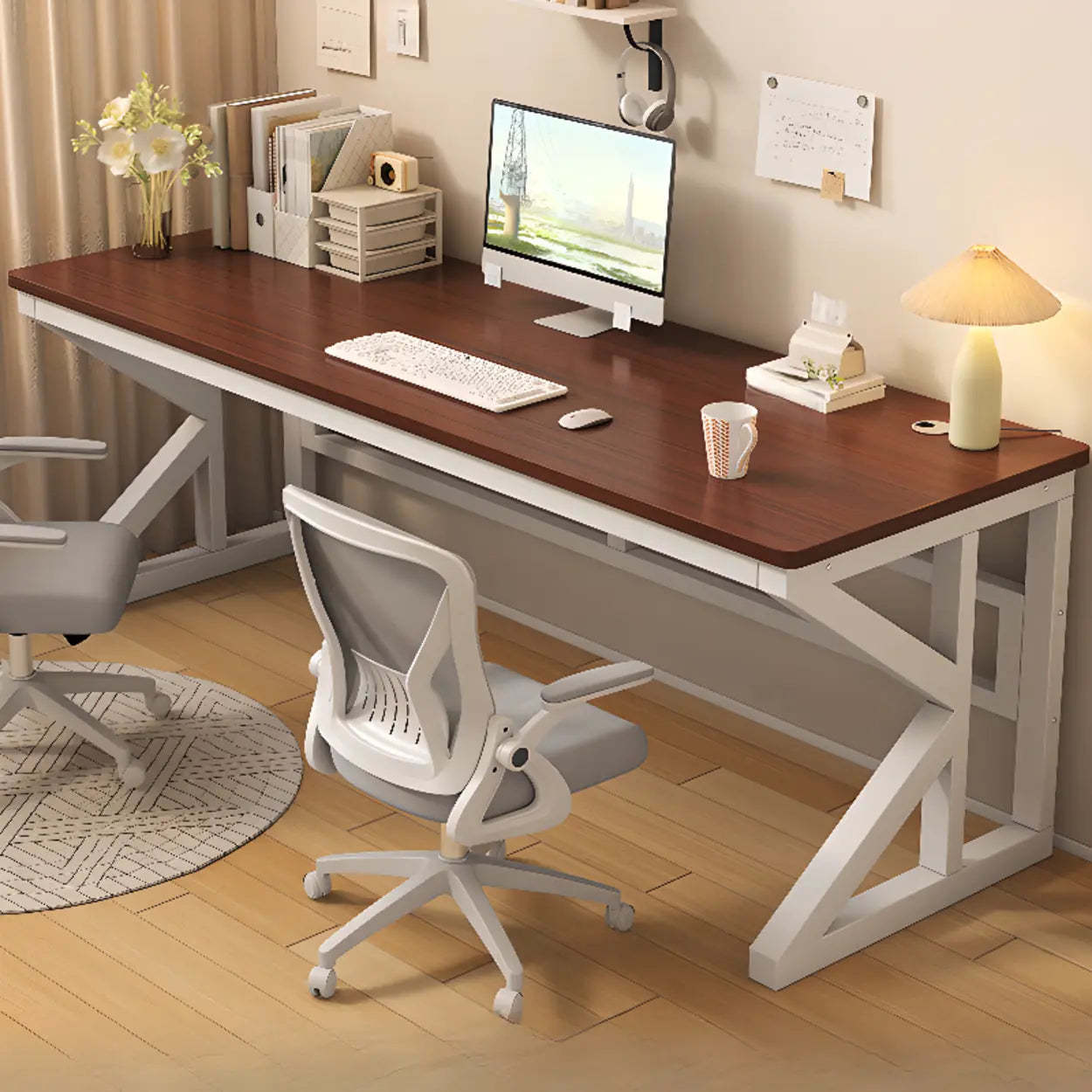 Functional White Wood Rectangle Double Computer Desk — Pink-White / Table Only