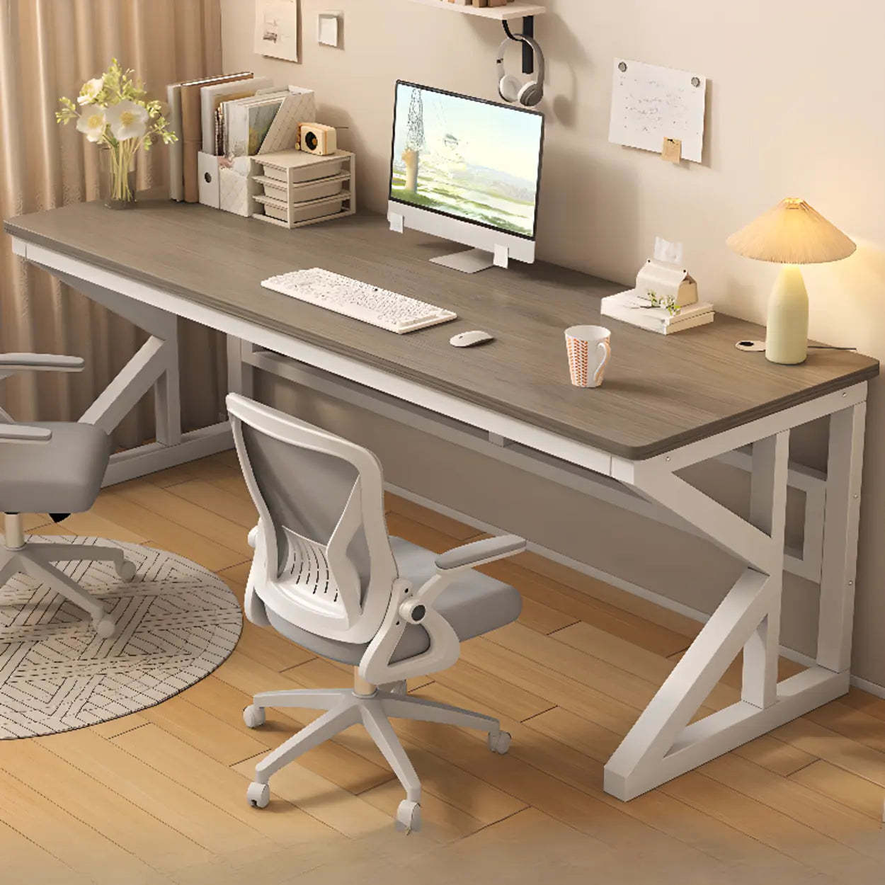 Functional White Wood Rectangle Double Computer Desk — Wood-Black / Table Only