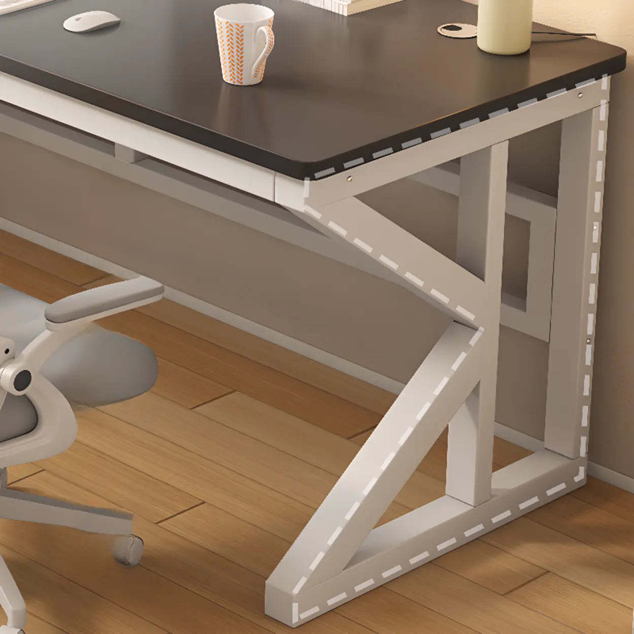 Functional White Wood Rectangle Double Computer Desk — Gray Oak/ White / Table Only