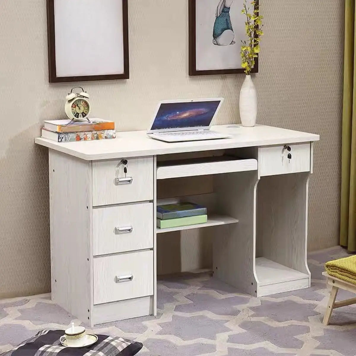 Functional Wood Keyboard Tray Drawer Computer Desk — Without Chairs / Brown