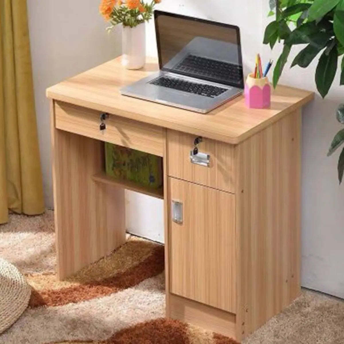 Functional Wood Keyboard Tray Drawer Computer Desk — Without Chairs / Red Brown