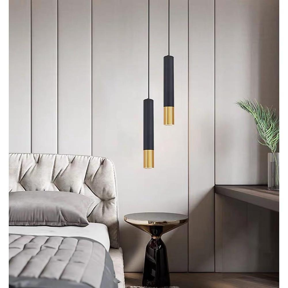 Elongated Cylinder Black and Gold Metal Shade LED Modern Pendant Light Island Hanging Lights-Lighom
