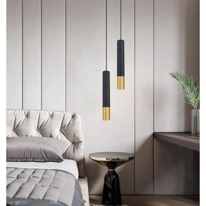 Elongated Cylinder Black and Gold Metal Shade LED Modern Pendant Light Island Hanging Lights-Lighom