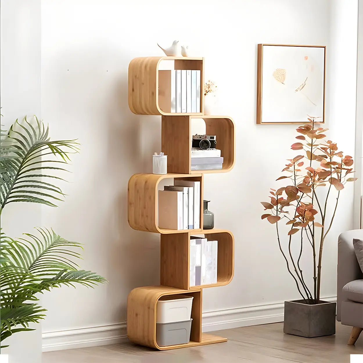 Natural Bamboo Geometric Open-Back Bookcase