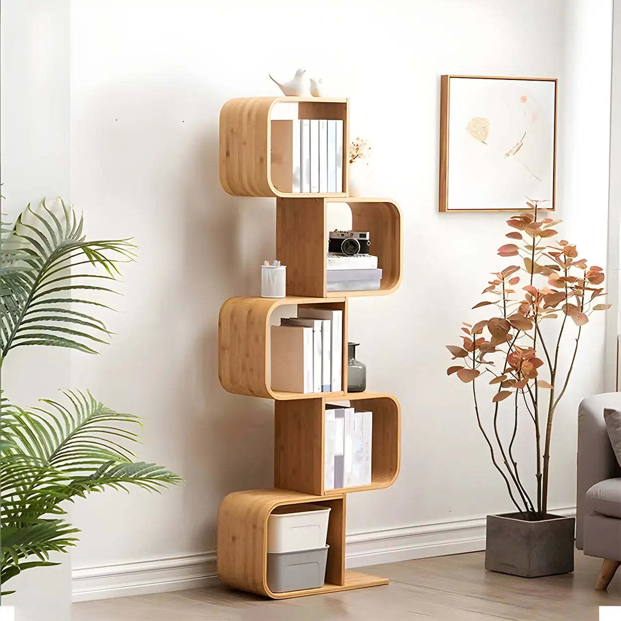 Natural Bamboo Geometric Open-Back Bookcase
