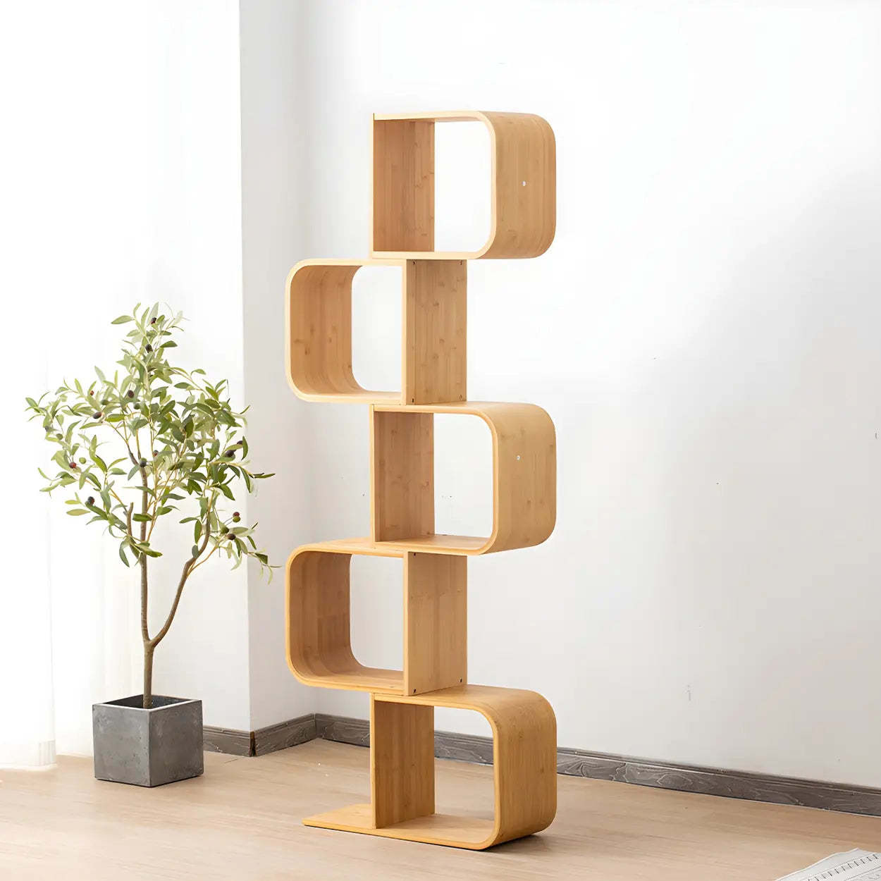 Natural Bamboo Geometric Open-Back Bookcase