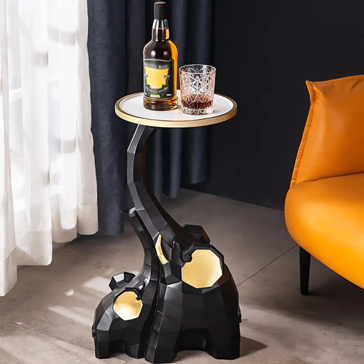 Geometric Elephant Sculptural End Table — Black