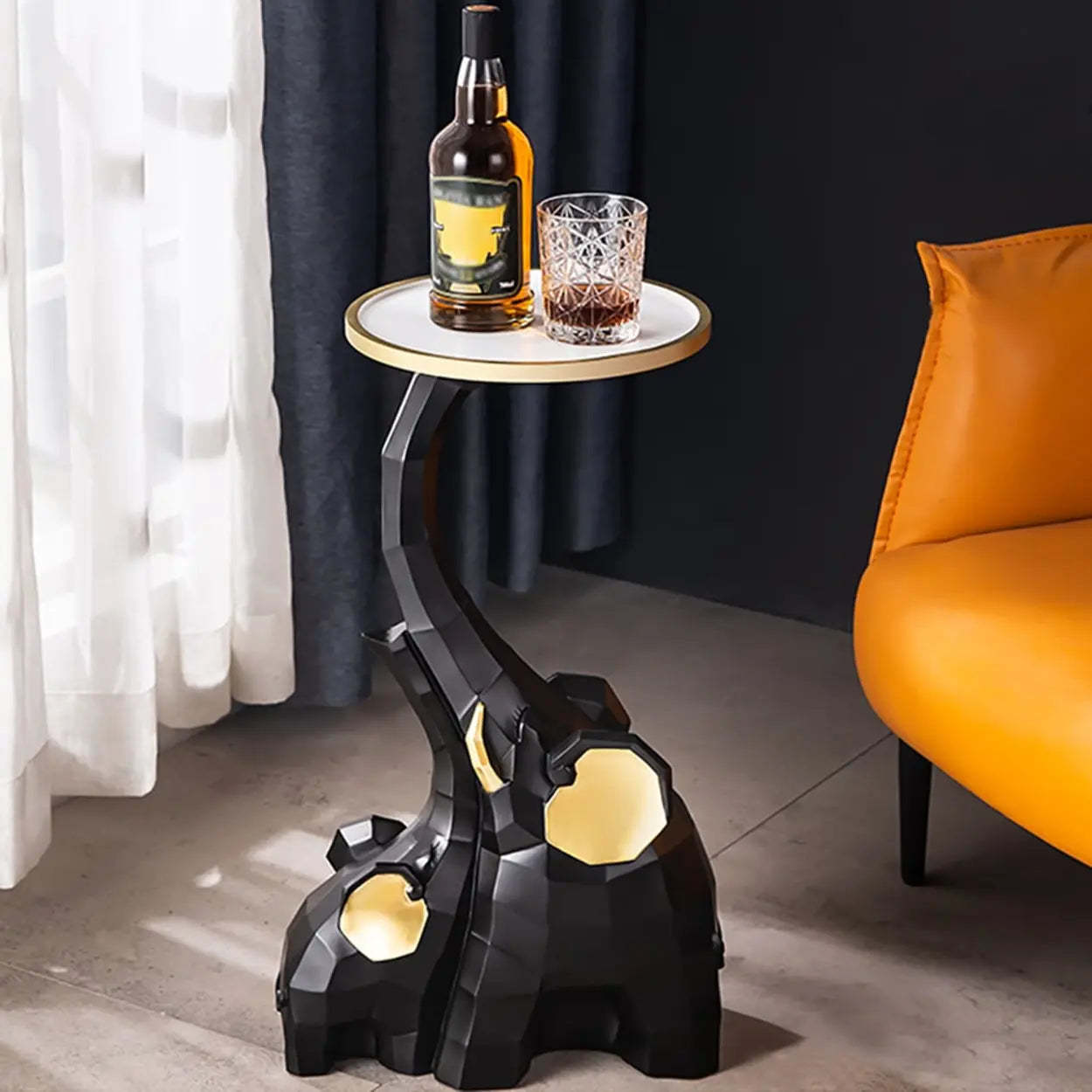 Geometric Elephant Sculptural End Table — Black
