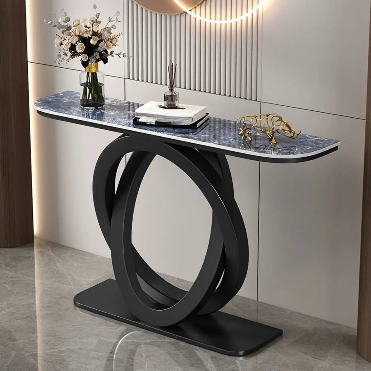 Half-Circle Stone-Top Console Table — Gold / Blue