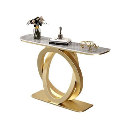 Half-Circle Stone-Top Console Table — Antique Brass / Blue
