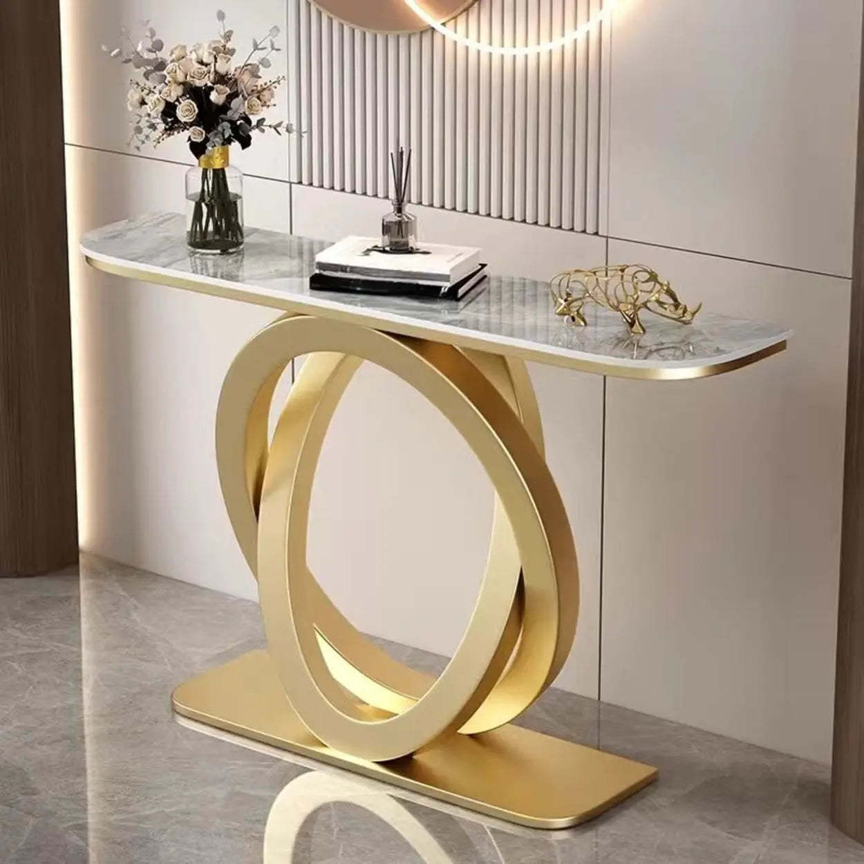 Half-Circle Stone-Top Console Table — Black / White