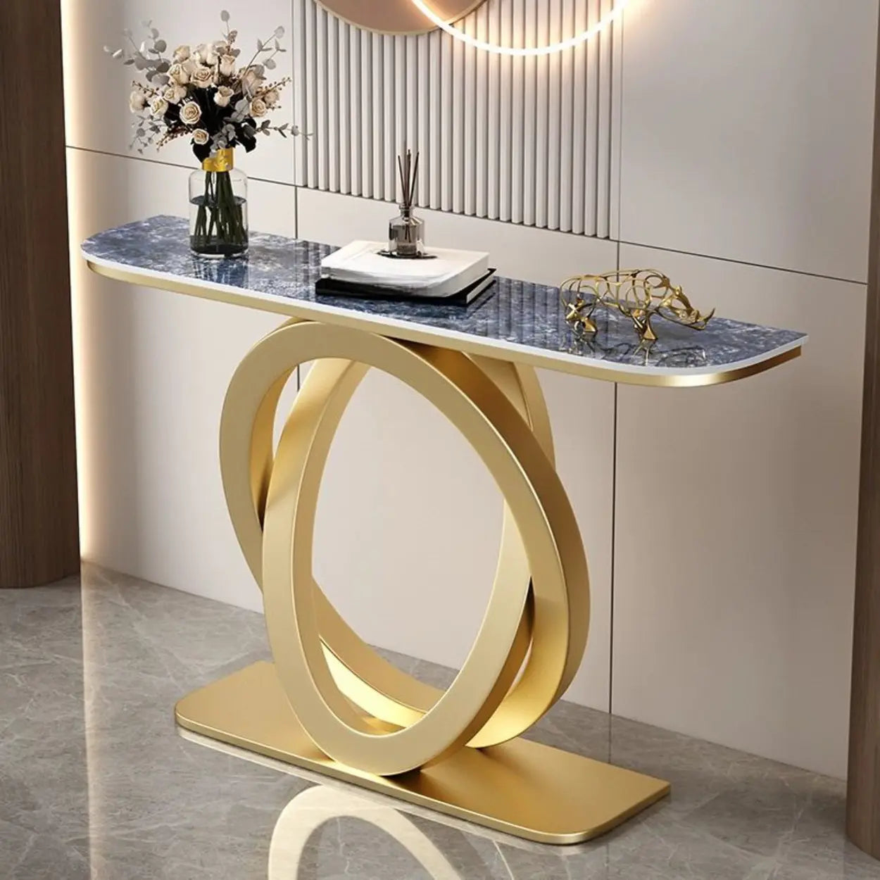 Half-Circle Stone-Top Console Table — Black / Gray