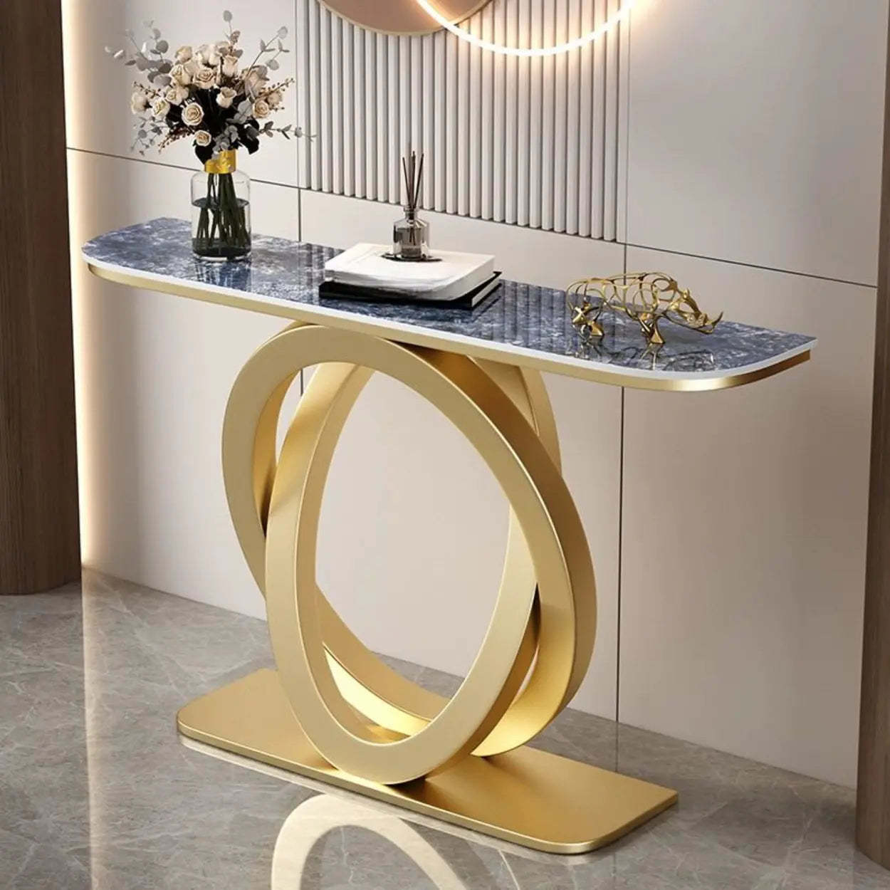 Half-Circle Stone-Top Console Table — Black / Gray