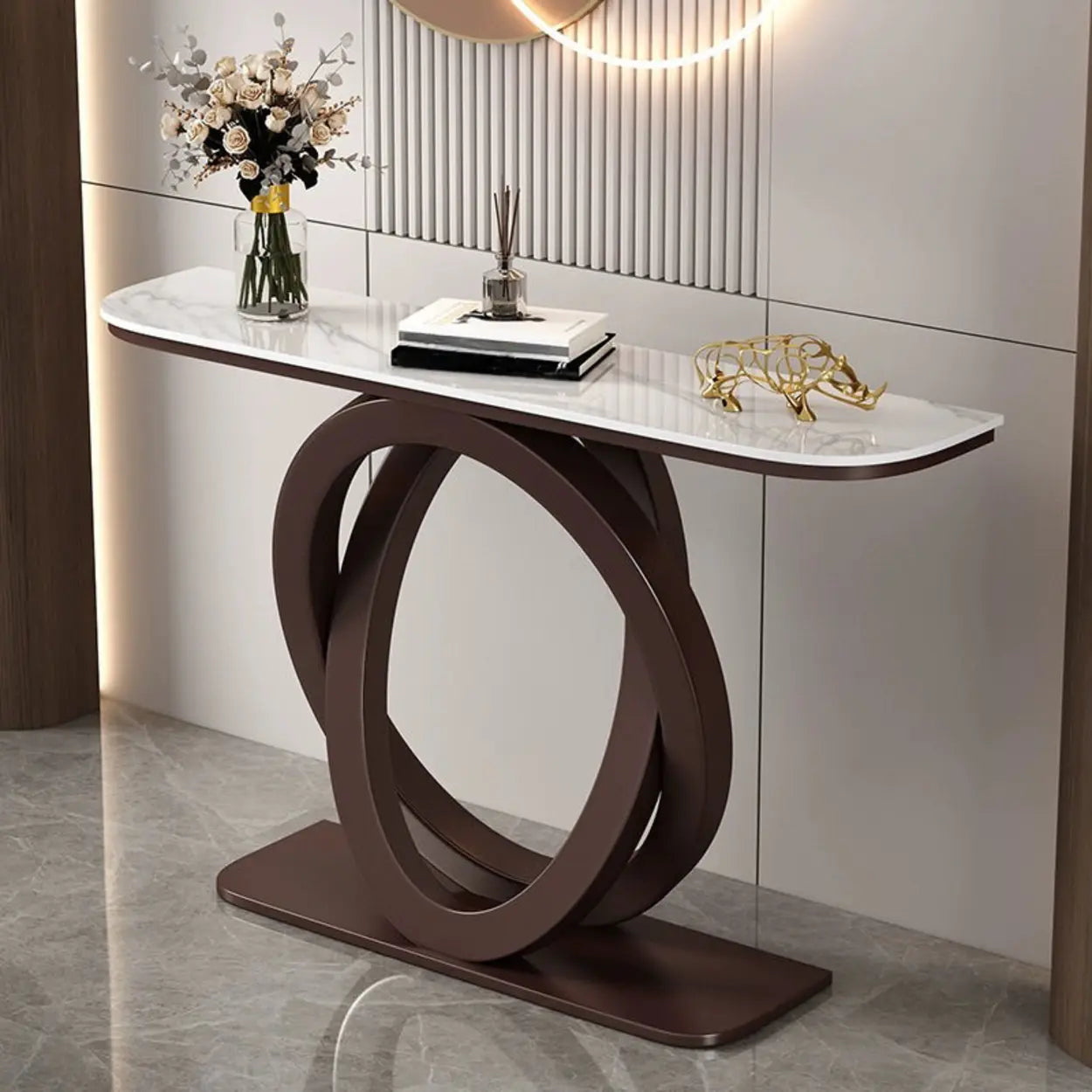 Half-Circle Stone-Top Console Table — Gold / Pandora