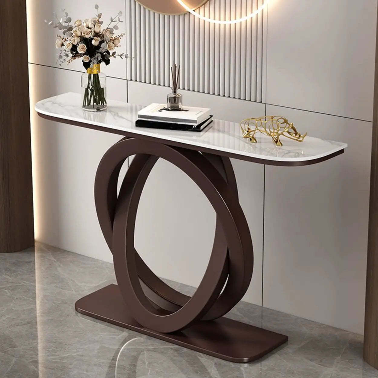 Half-Circle Stone-Top Console Table — Gold / Pandora