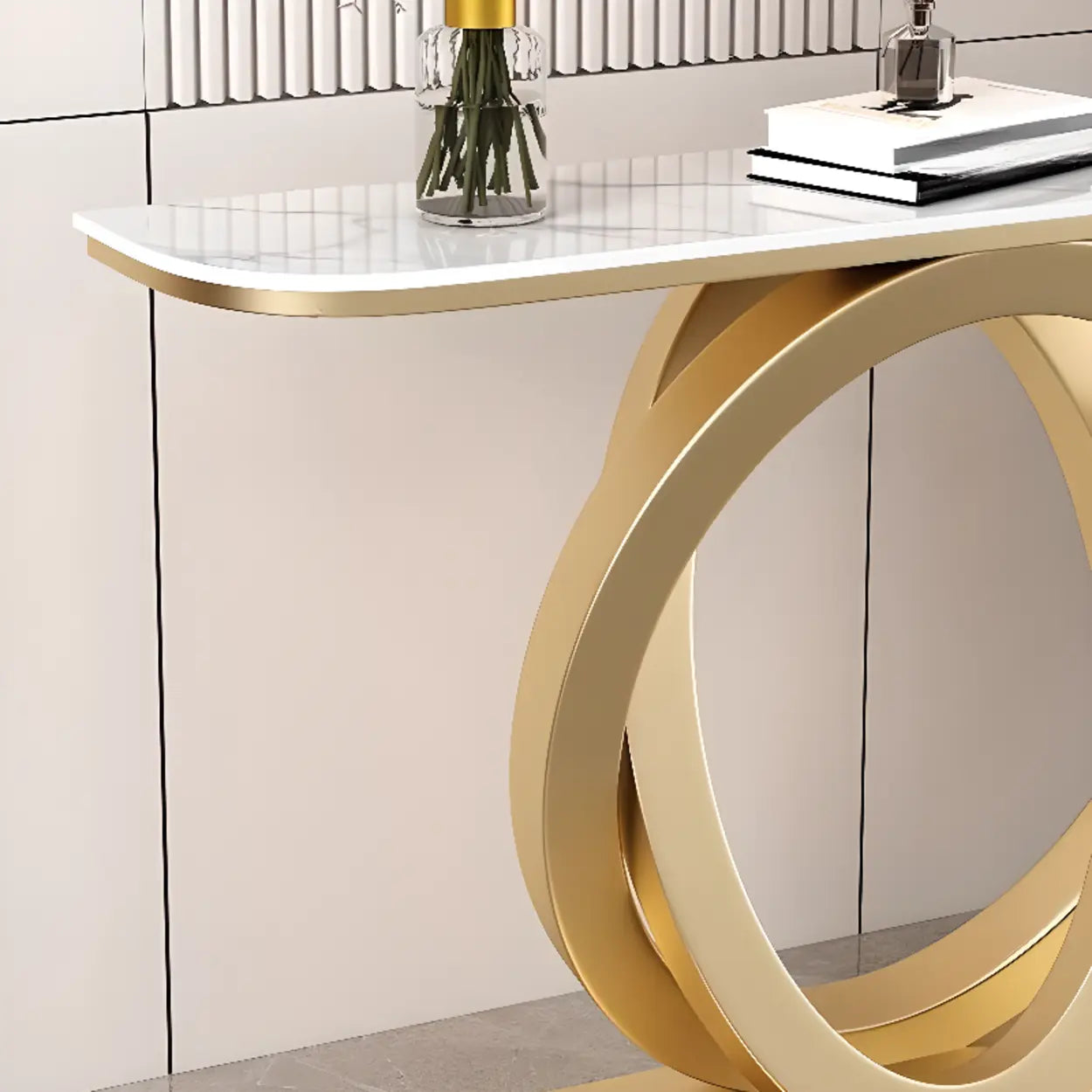 Half-Circle Stone-Top Console Table — Gold / White