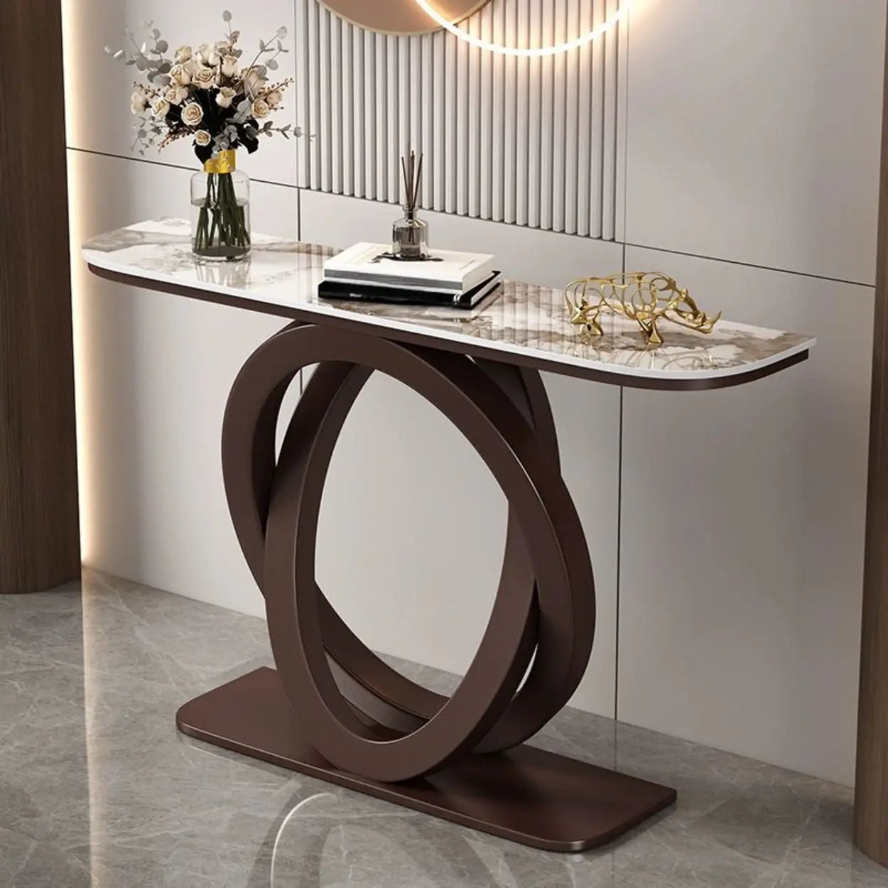 Half-Circle Stone-Top Console Table — Gold / Blue