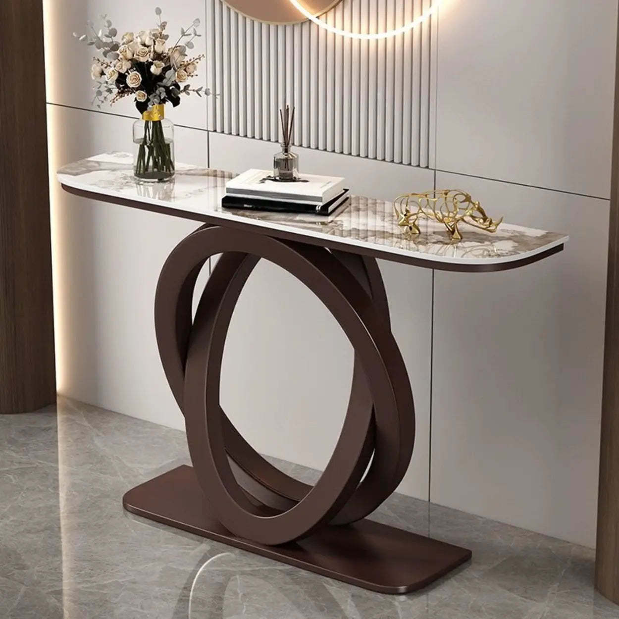 Half-Circle Stone-Top Console Table — Gold / Blue