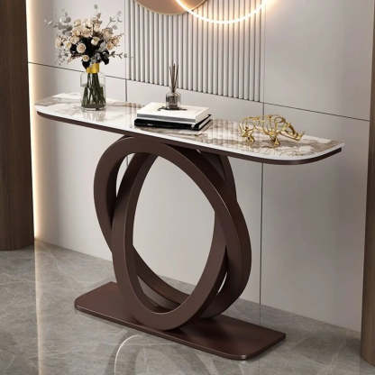 Half-Circle Stone-Top Console Table — Gold / Blue
