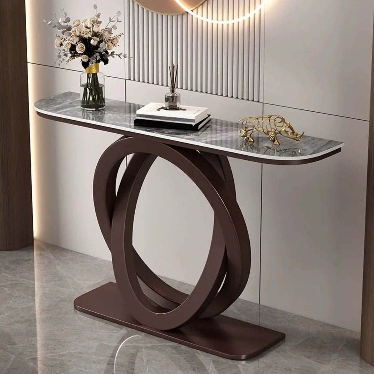 Half-Circle Stone-Top Console Table — Antique Brass / Pandora