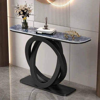 Half-Circle Stone-Top Console Table — Gold / Blue