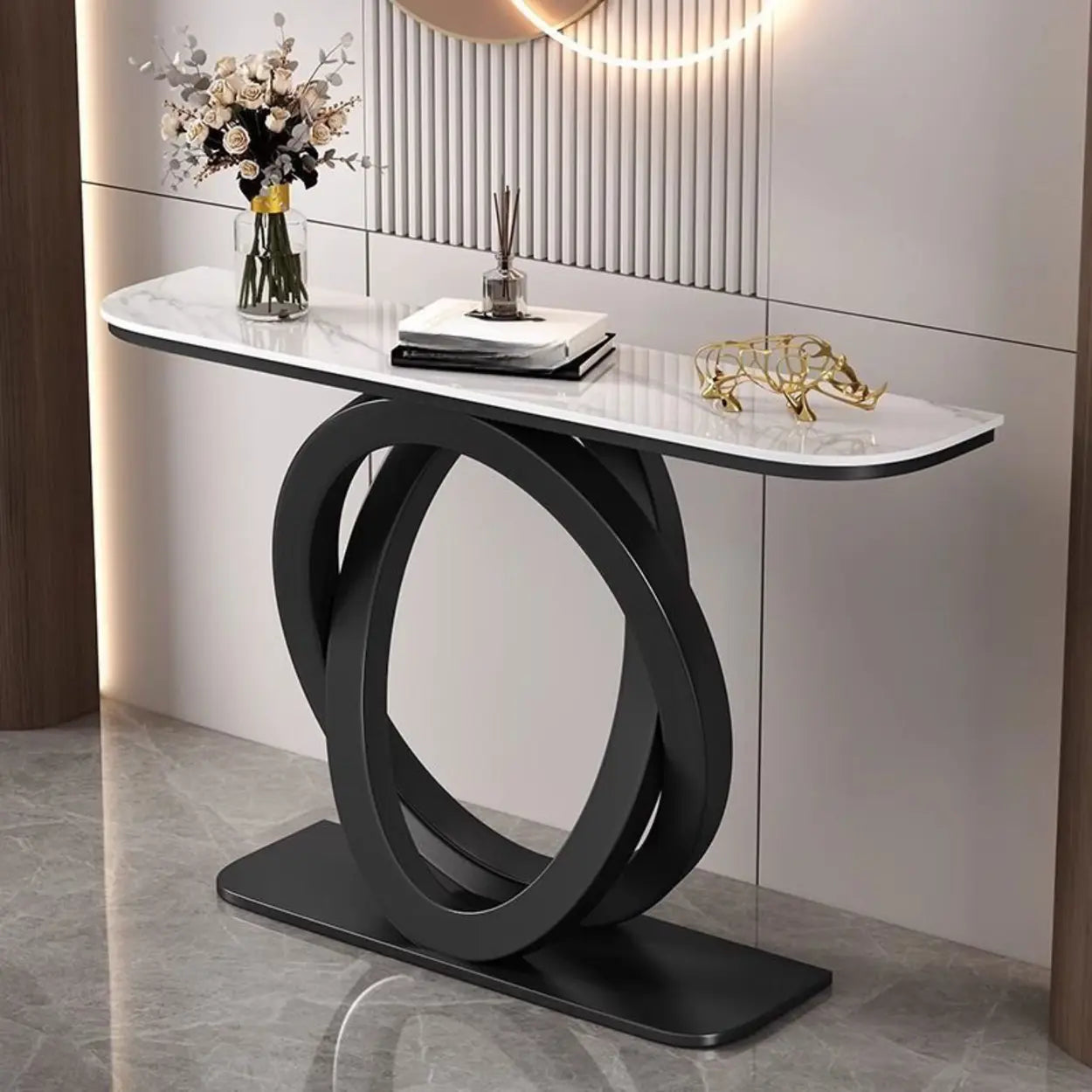 Half-Circle Stone-Top Console Table — Black / White