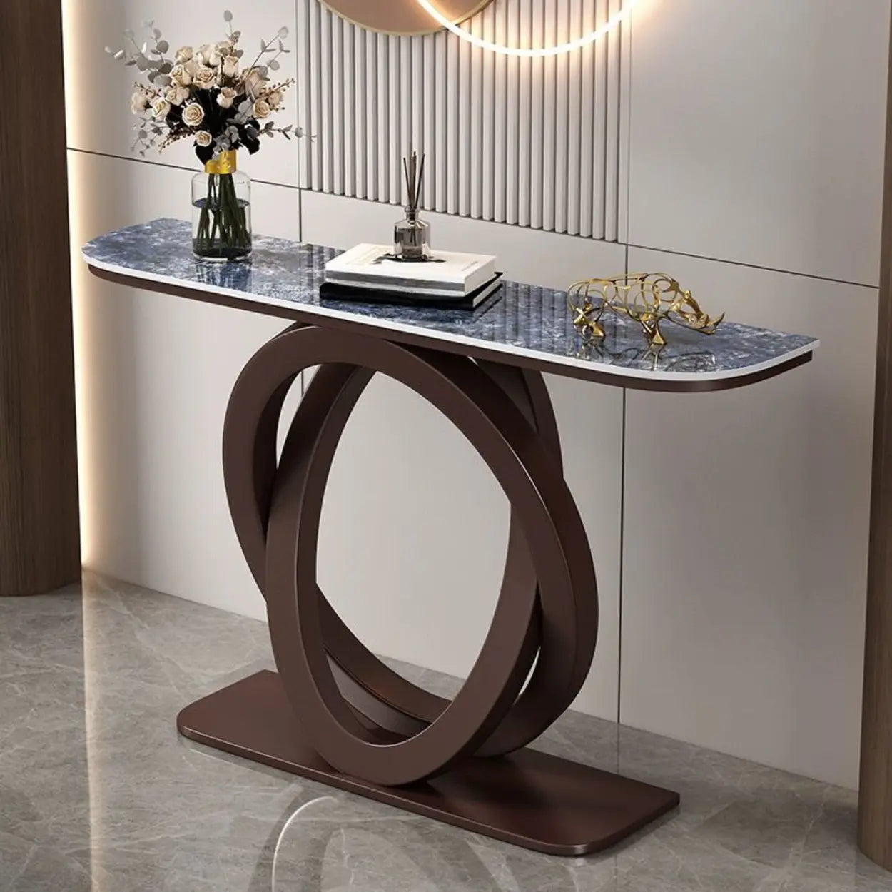 Half-Circle Stone-Top Console Table — Antique Brass / White