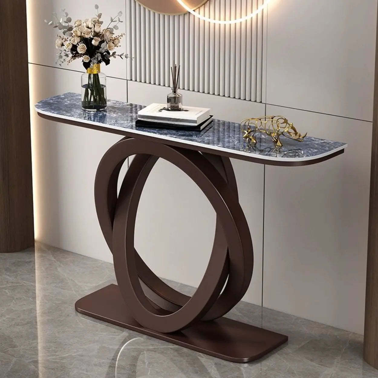 Half-Circle Stone-Top Console Table — Antique Brass / White