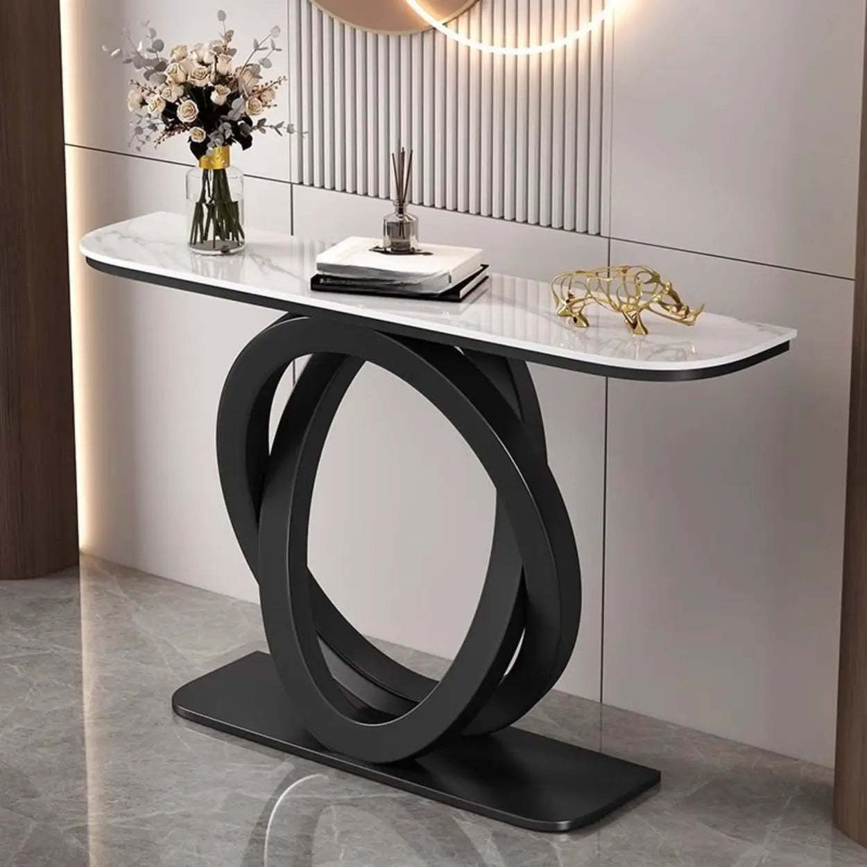 Half-Circle Stone-Top Console Table — Black / White