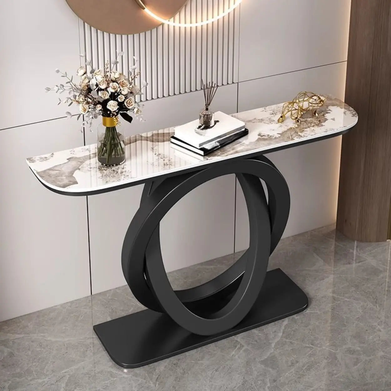 Half-Circle Stone-Top Console Table — Black / Pandora