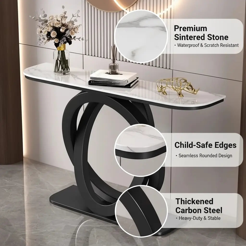 Half-Circle Stone-Top Console Table — Black / Gray