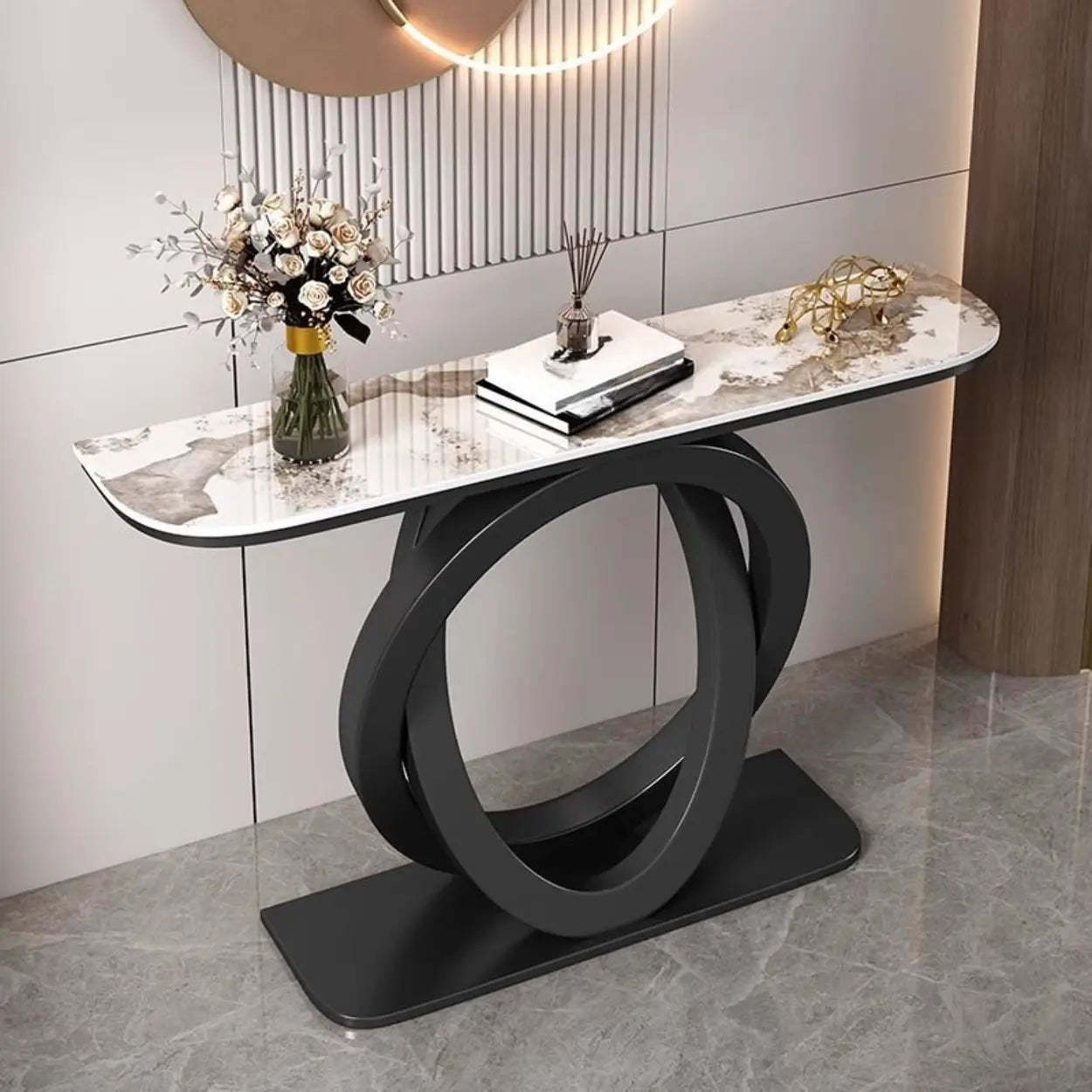 Half-Circle Stone-Top Console Table — Black / Pandora
