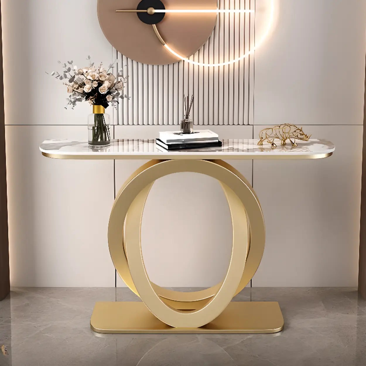 Half-Circle Stone-Top Console Table — Gold / Pandora