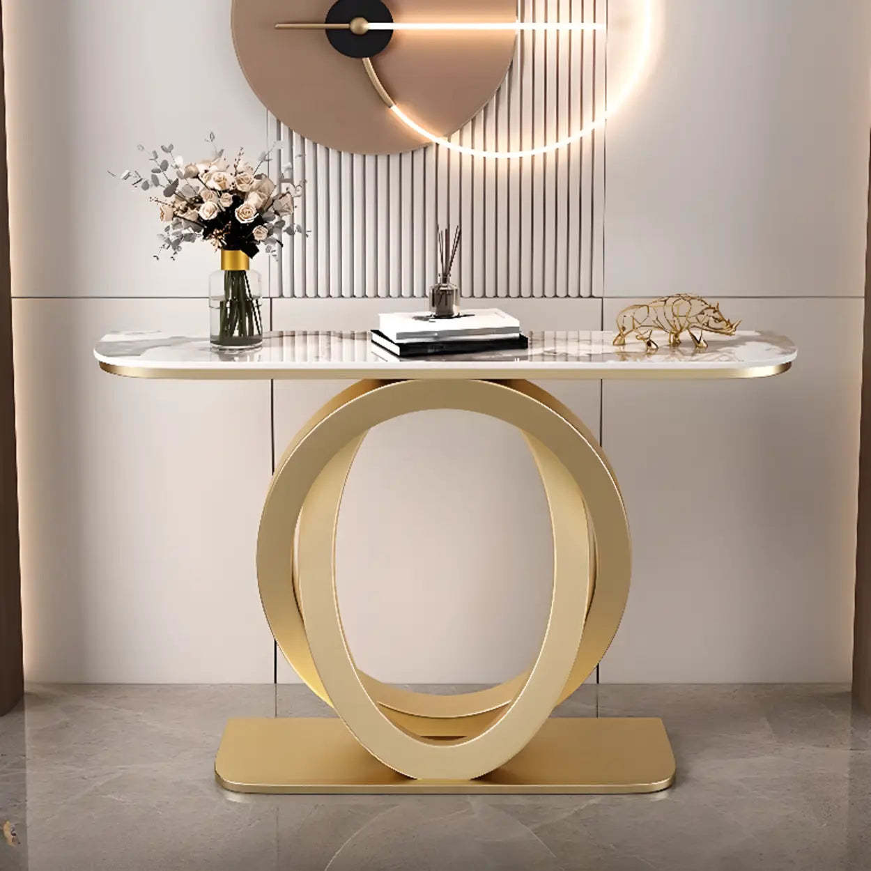 Half-Circle Stone-Top Console Table — Gold / Pandora