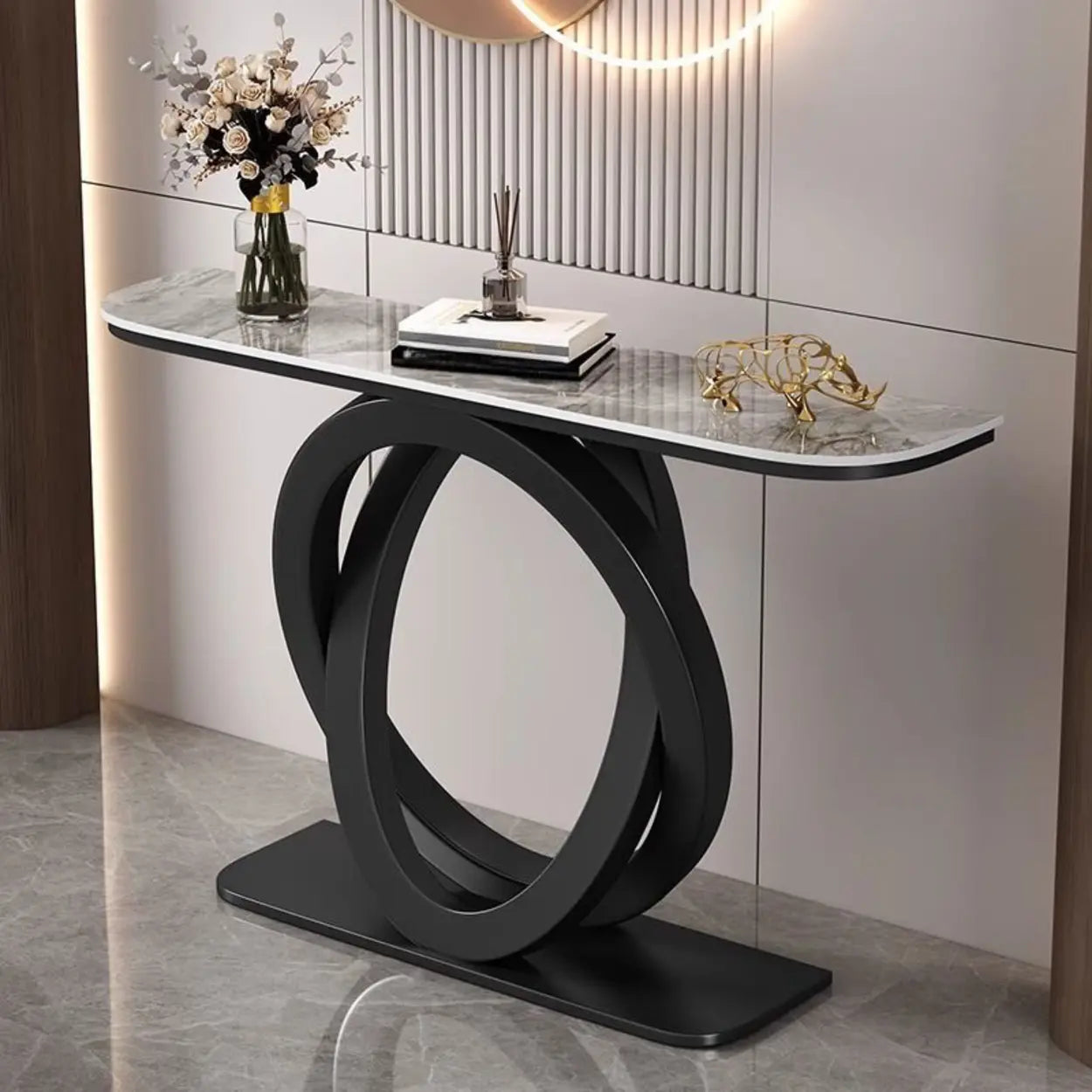 Half-Circle Stone-Top Console Table — Gold / White