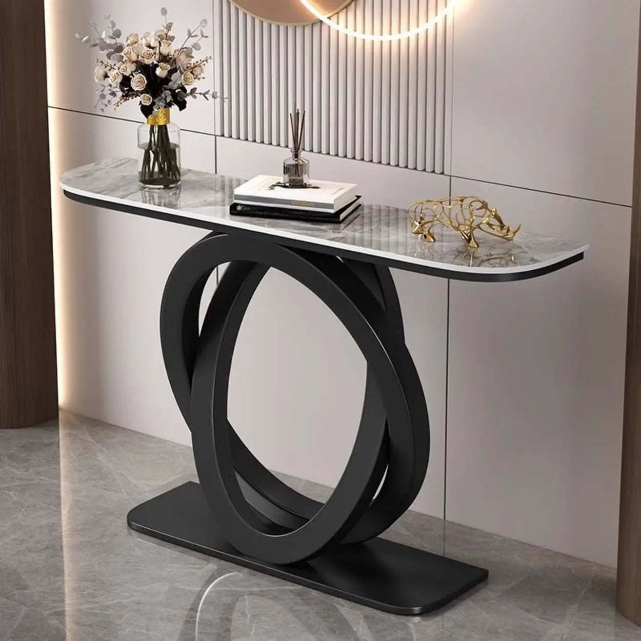 Half-Circle Stone-Top Console Table — Gold / White