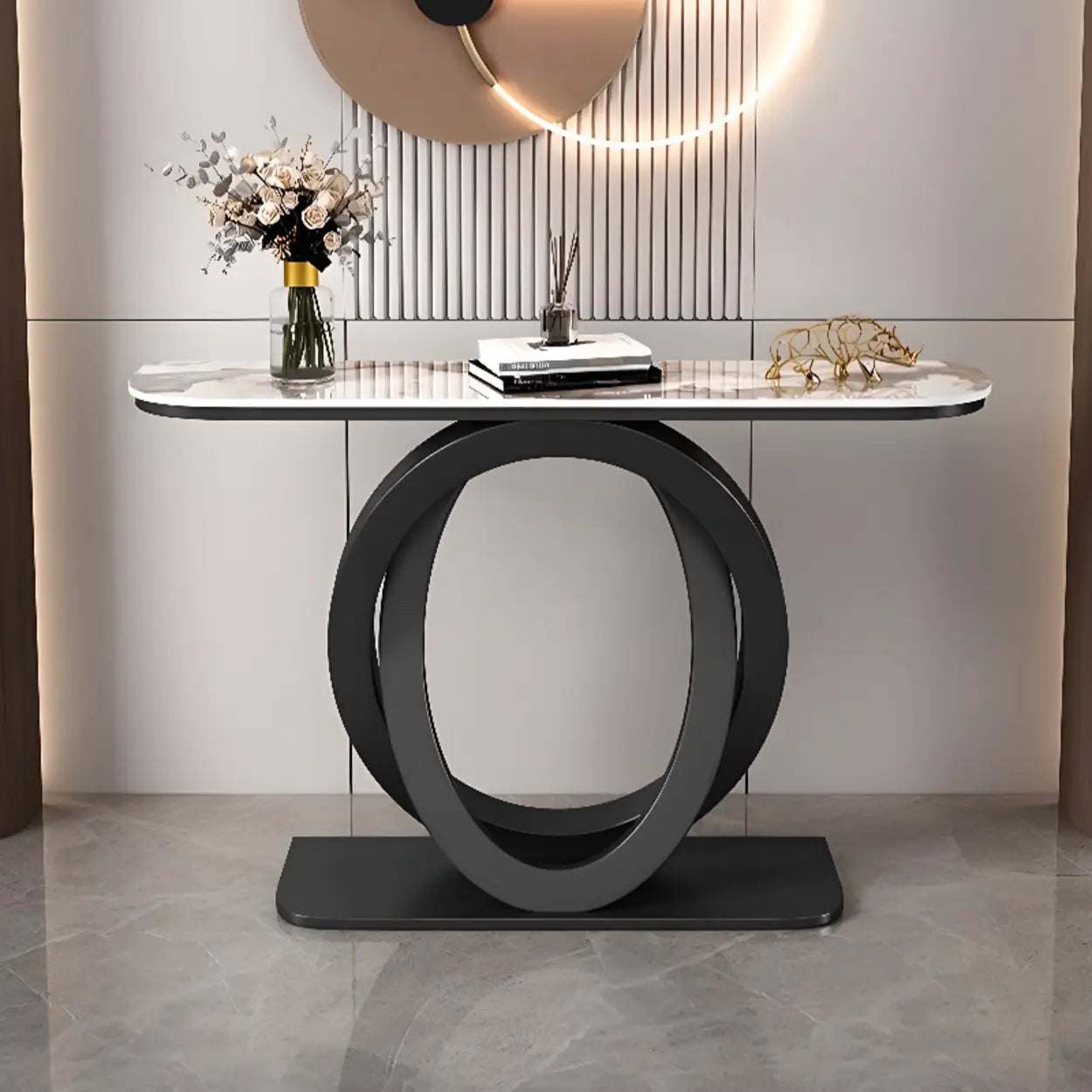Half-Circle Stone-Top Console Table — Gold / Gray