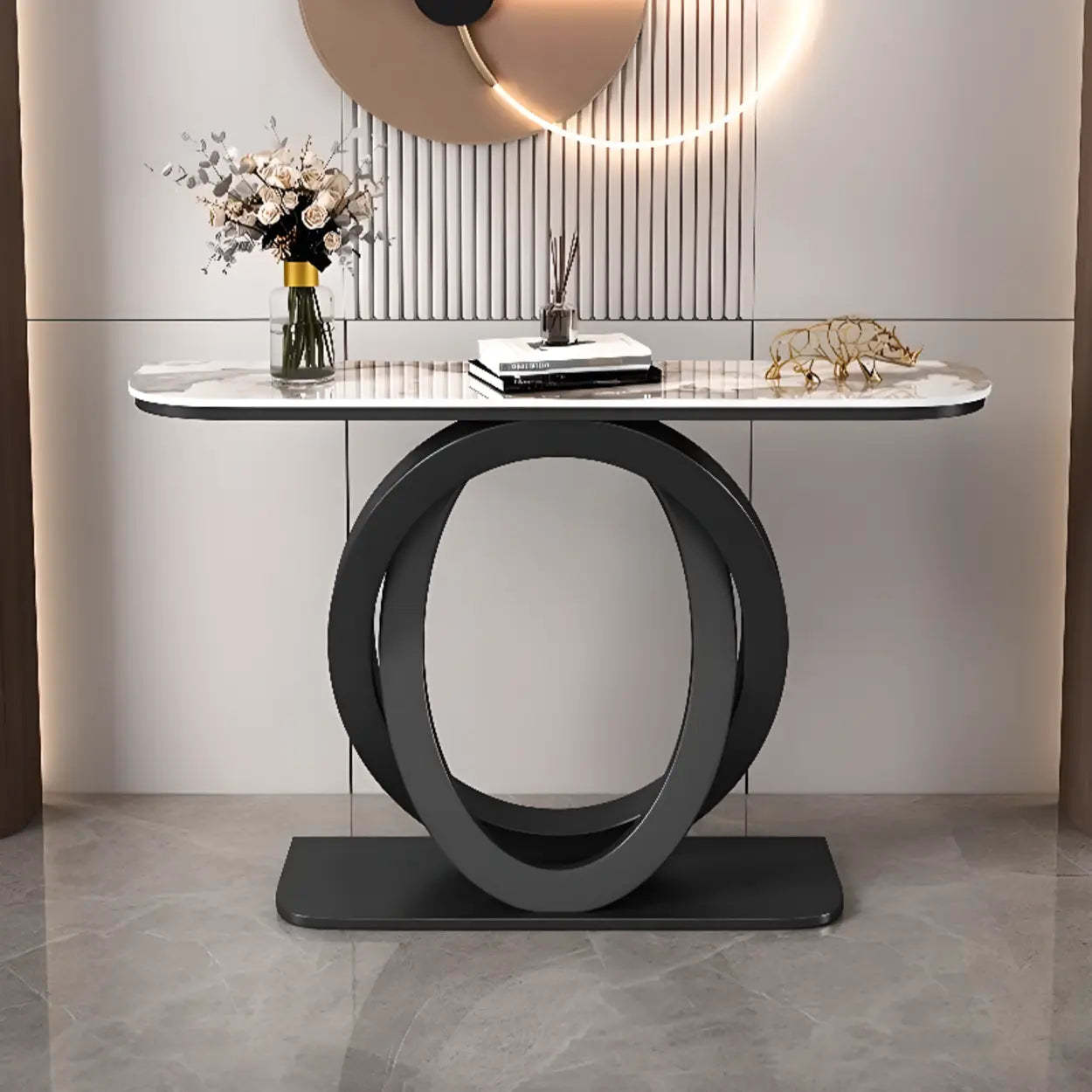 Half-Circle Stone-Top Console Table — Gold / Gray